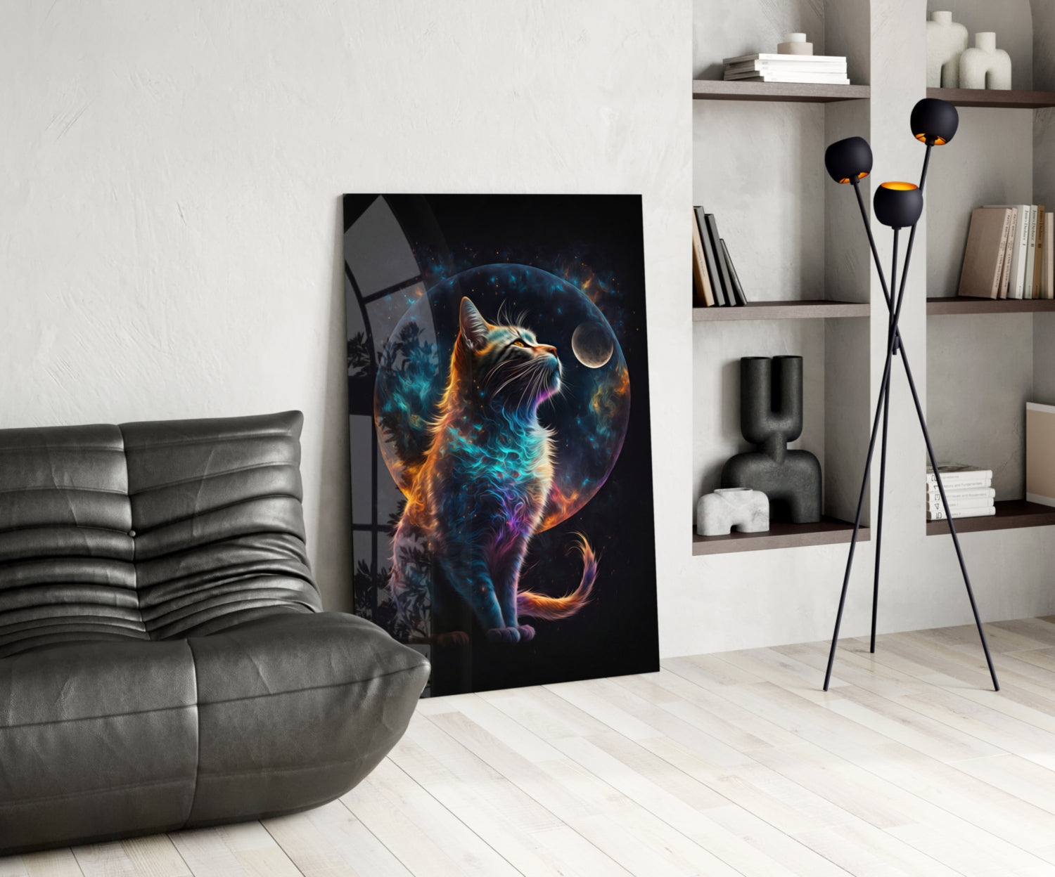 Nebula Fur Cat With Crescent Moon Glass Wall Art