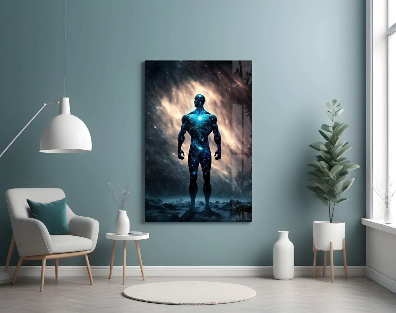 Nebula Cosmic Man On Rocky Ground Glass Wall Art