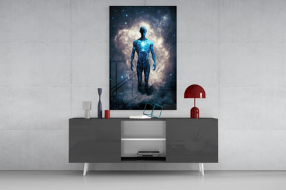 Starlit Figure Rising Over Clouds Glass Wall Art