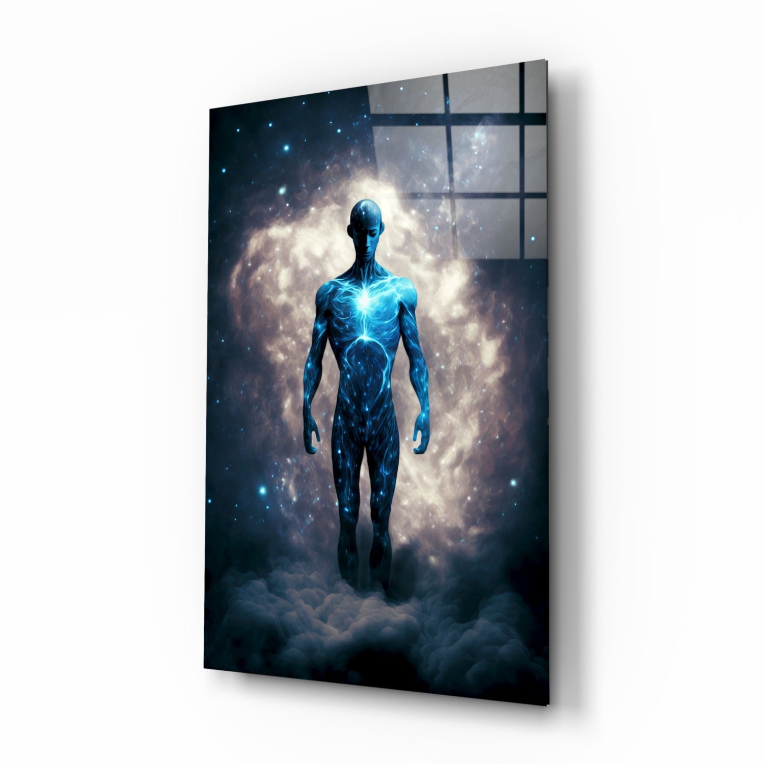 Starlit Figure Rising Over Clouds Glass Wall Art