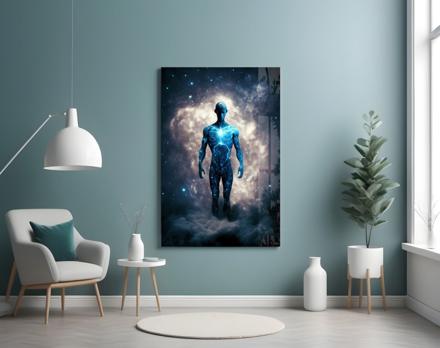 Starlit Figure Rising Over Clouds Glass Wall Art
