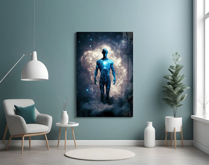 Starlit Figure Rising Over Clouds Glass Wall Art