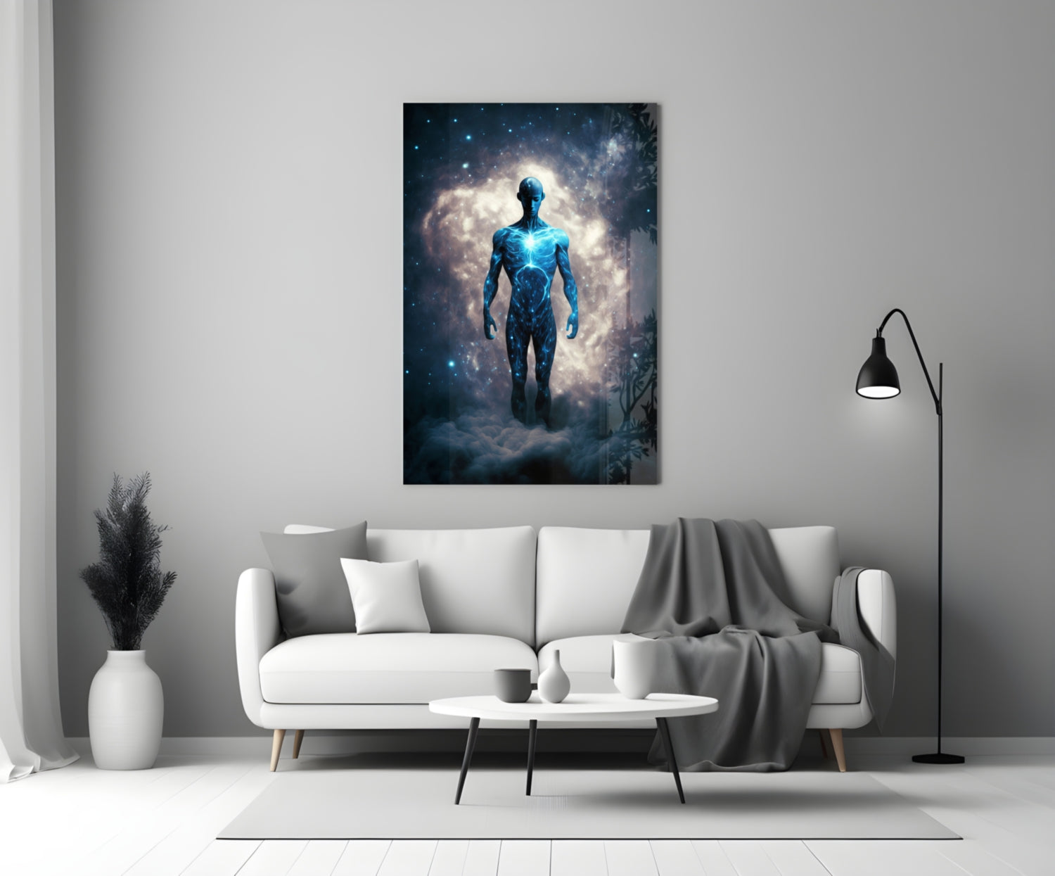 Starlit Figure Rising Over Clouds Glass Wall Art