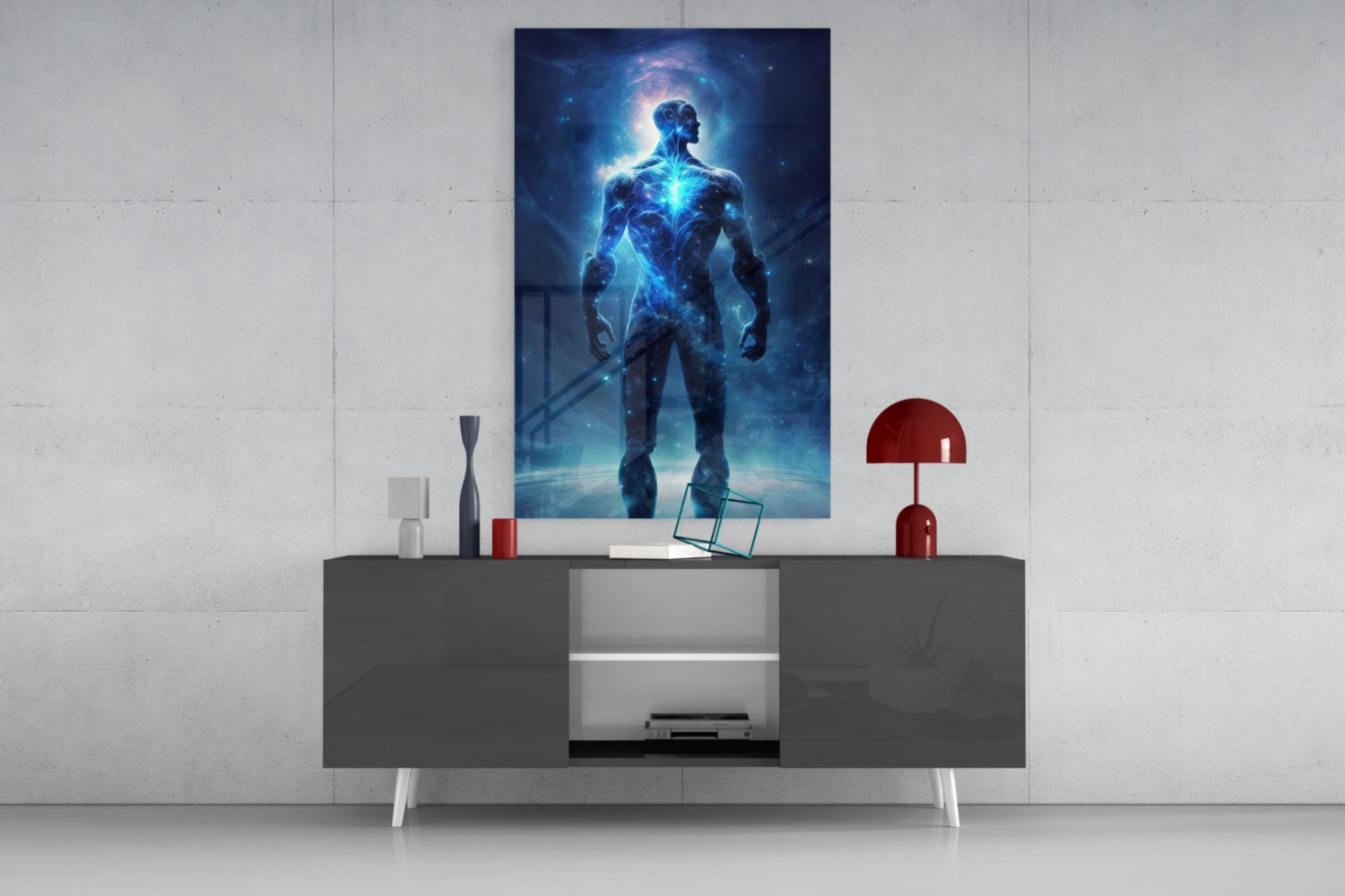 Glowing Blue Cosmic Man Standing Glass Wall Art