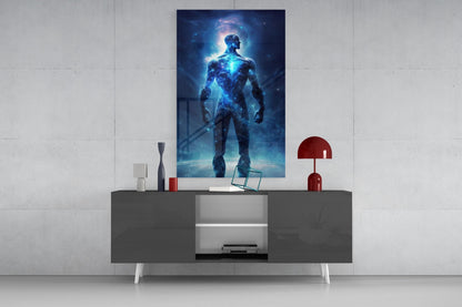 Glowing Blue Cosmic Man Standing Glass Wall Art