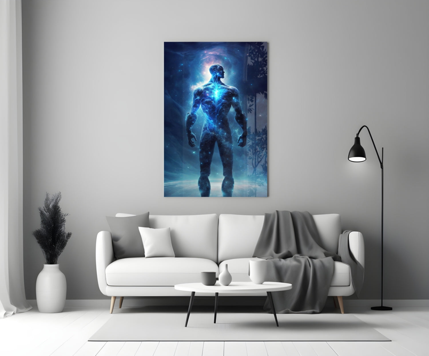 Glowing Blue Cosmic Man Standing Glass Wall Art