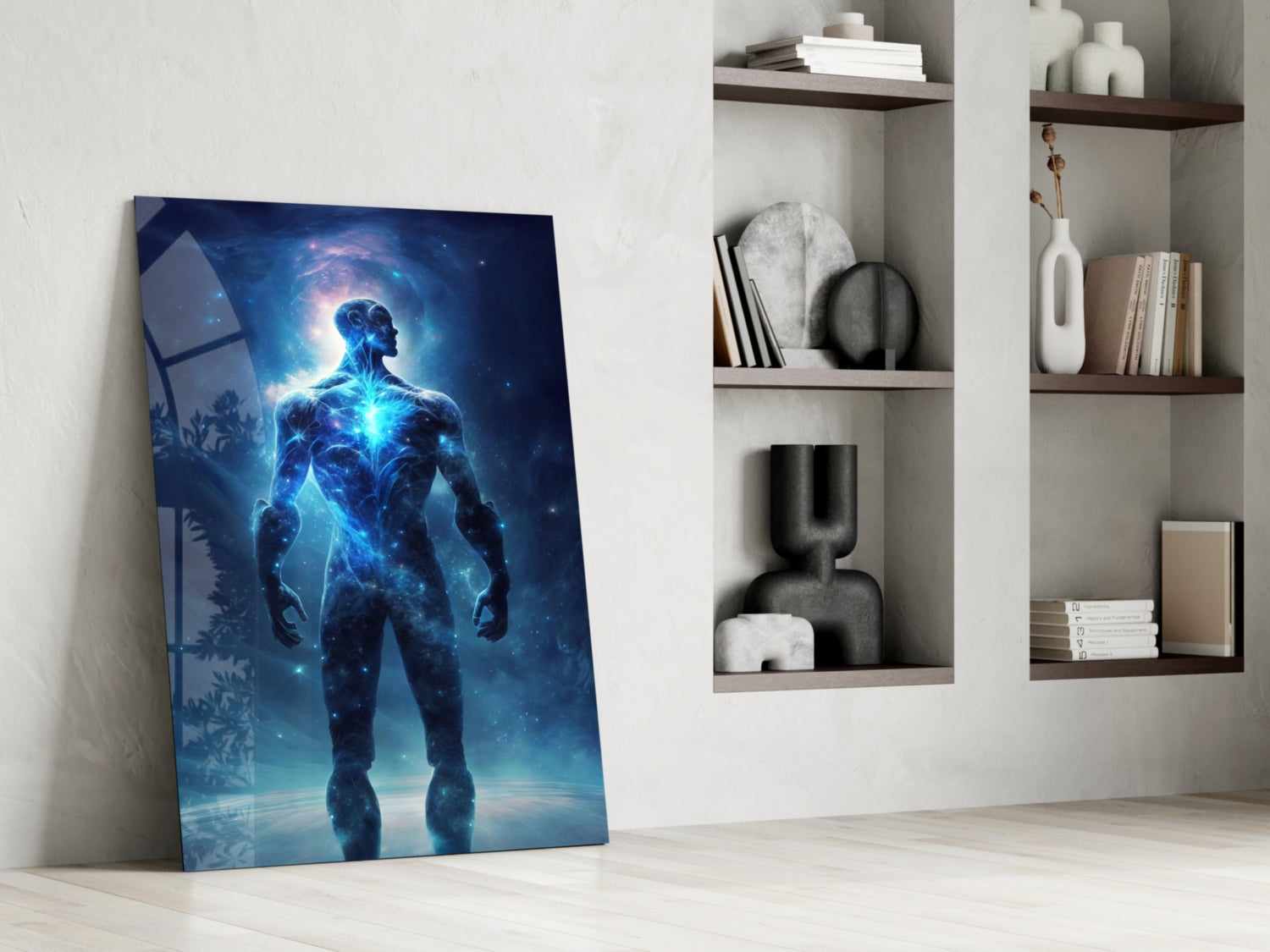 Glowing Blue Cosmic Man Standing Glass Wall Art