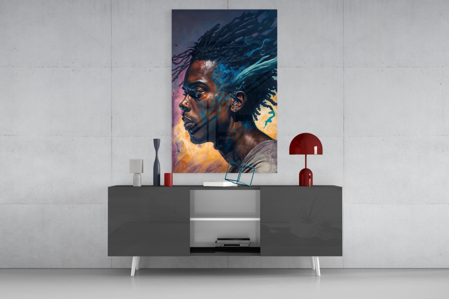 Blue Locs Man Profile On Orange Glass Wall Art