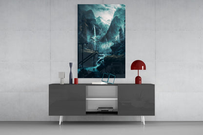 Teal Valley Twin Waterfalls Cliffs Glass Wall Art