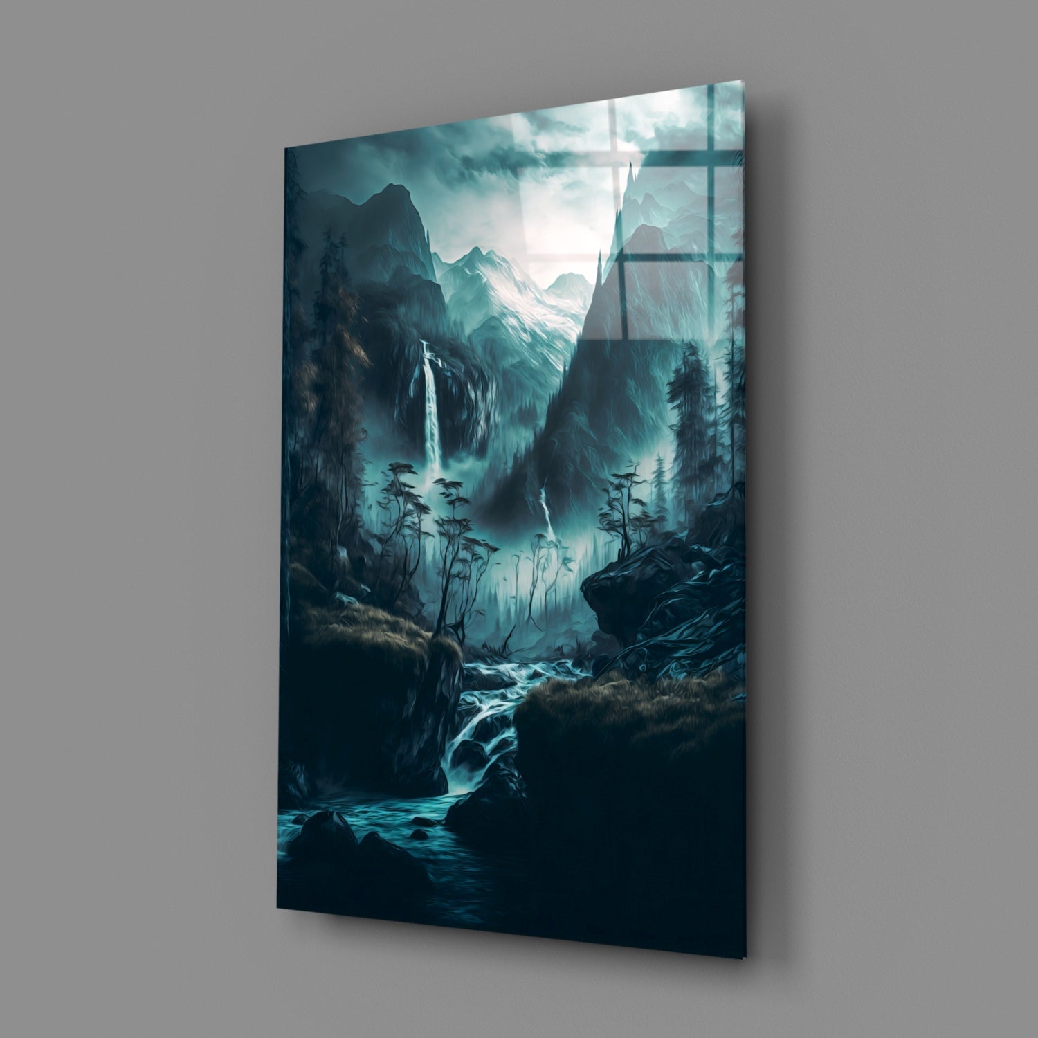 Teal Valley Twin Waterfalls Cliffs Glass Wall Art