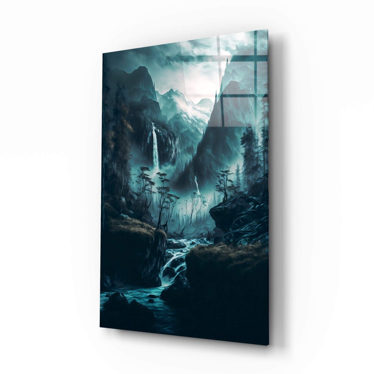 Teal Valley Twin Waterfalls Cliffs Glass Wall Art