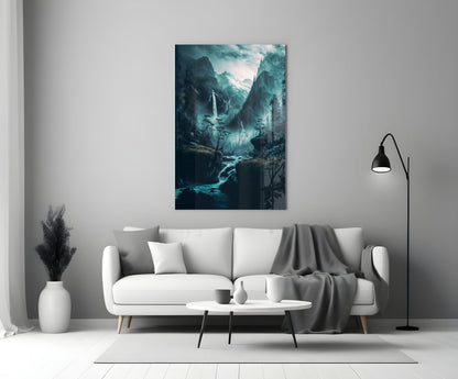 Teal Valley Twin Waterfalls Cliffs Glass Wall Art
