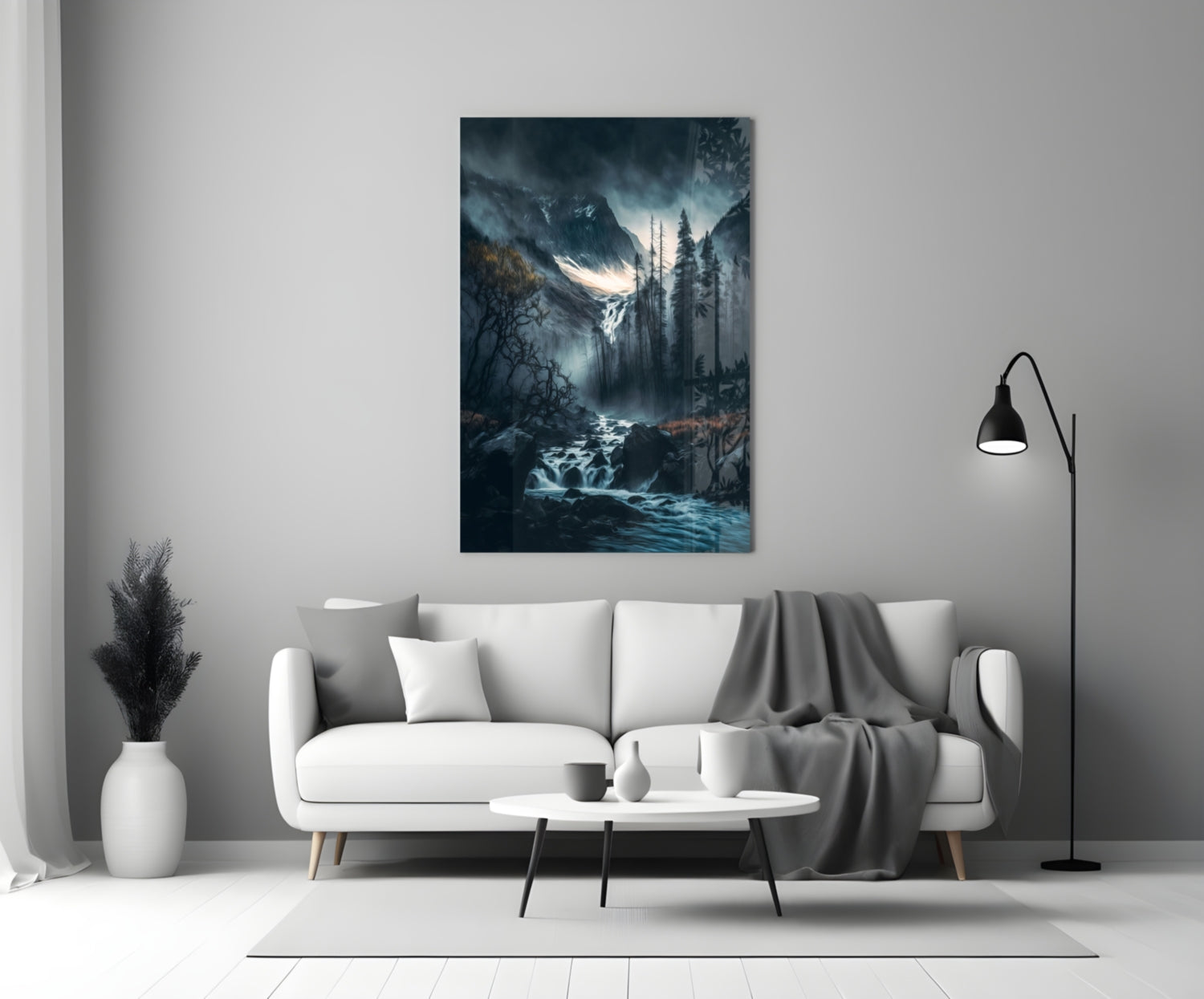 Dusk Gorge Misty Pines Rapids Glass Wall Art