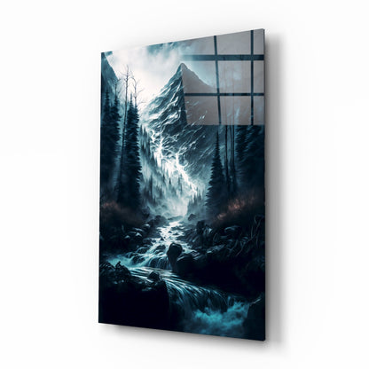 Misty Blue Peak Waterfall Forest Glass Wall Art