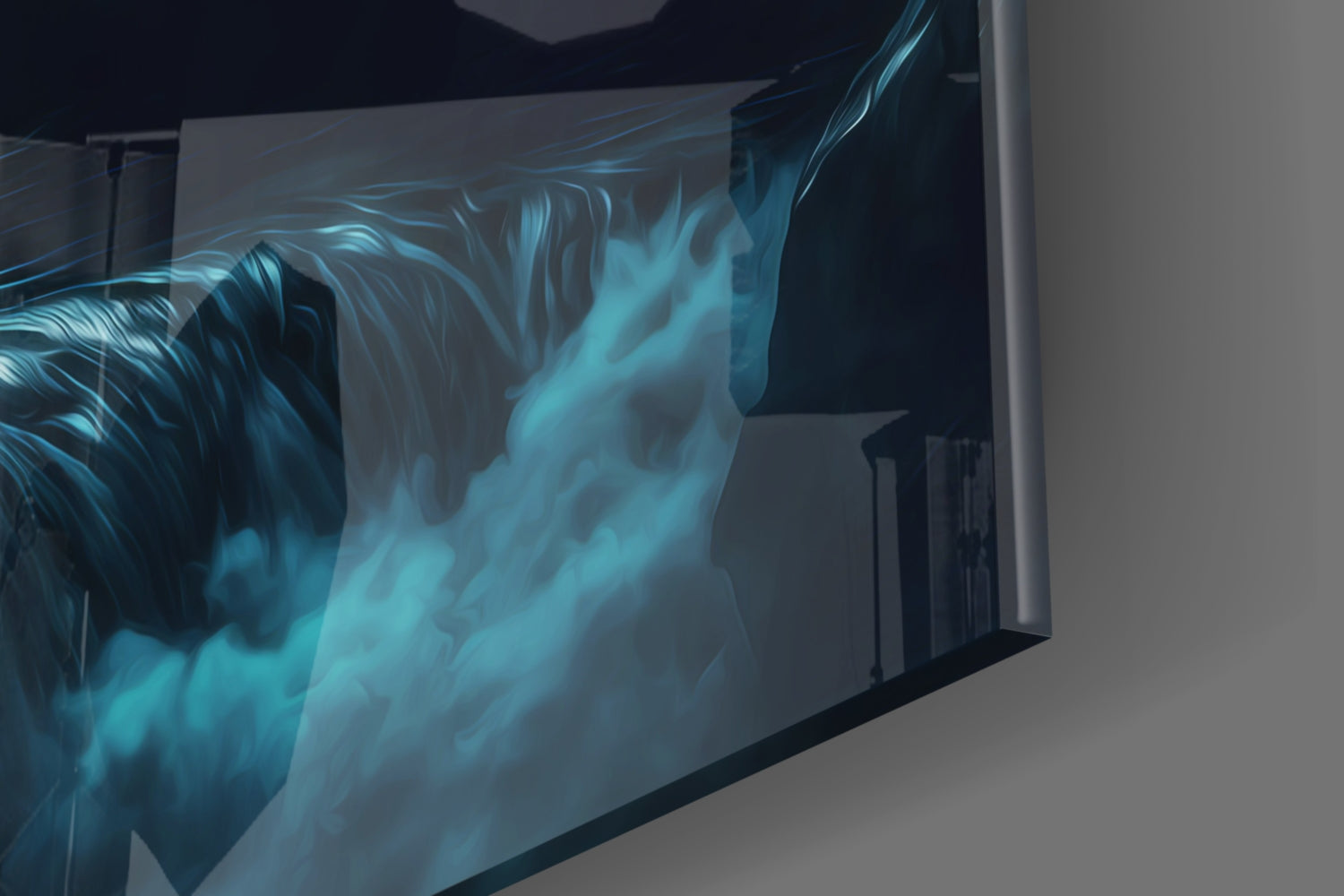 Misty Blue Peak Waterfall Forest Glass Wall Art