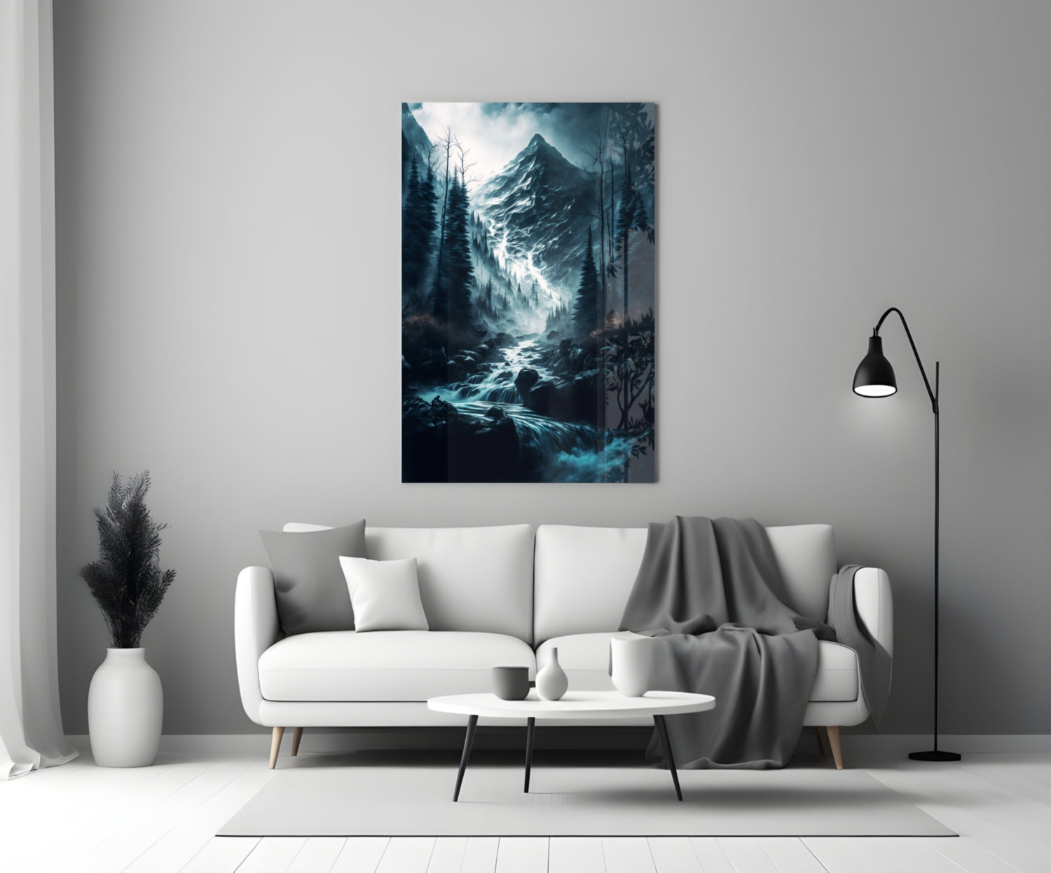 Misty Blue Peak Waterfall Forest Glass Wall Art