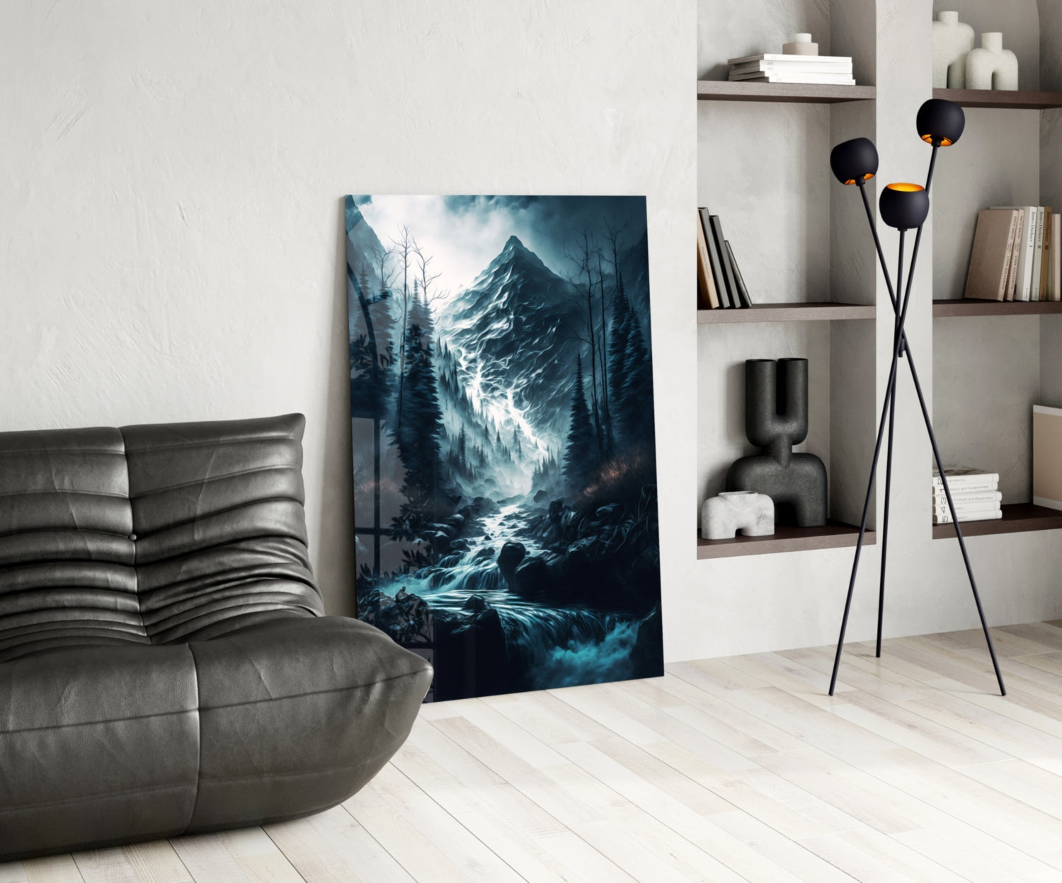 Misty Blue Peak Waterfall Forest Glass Wall Art