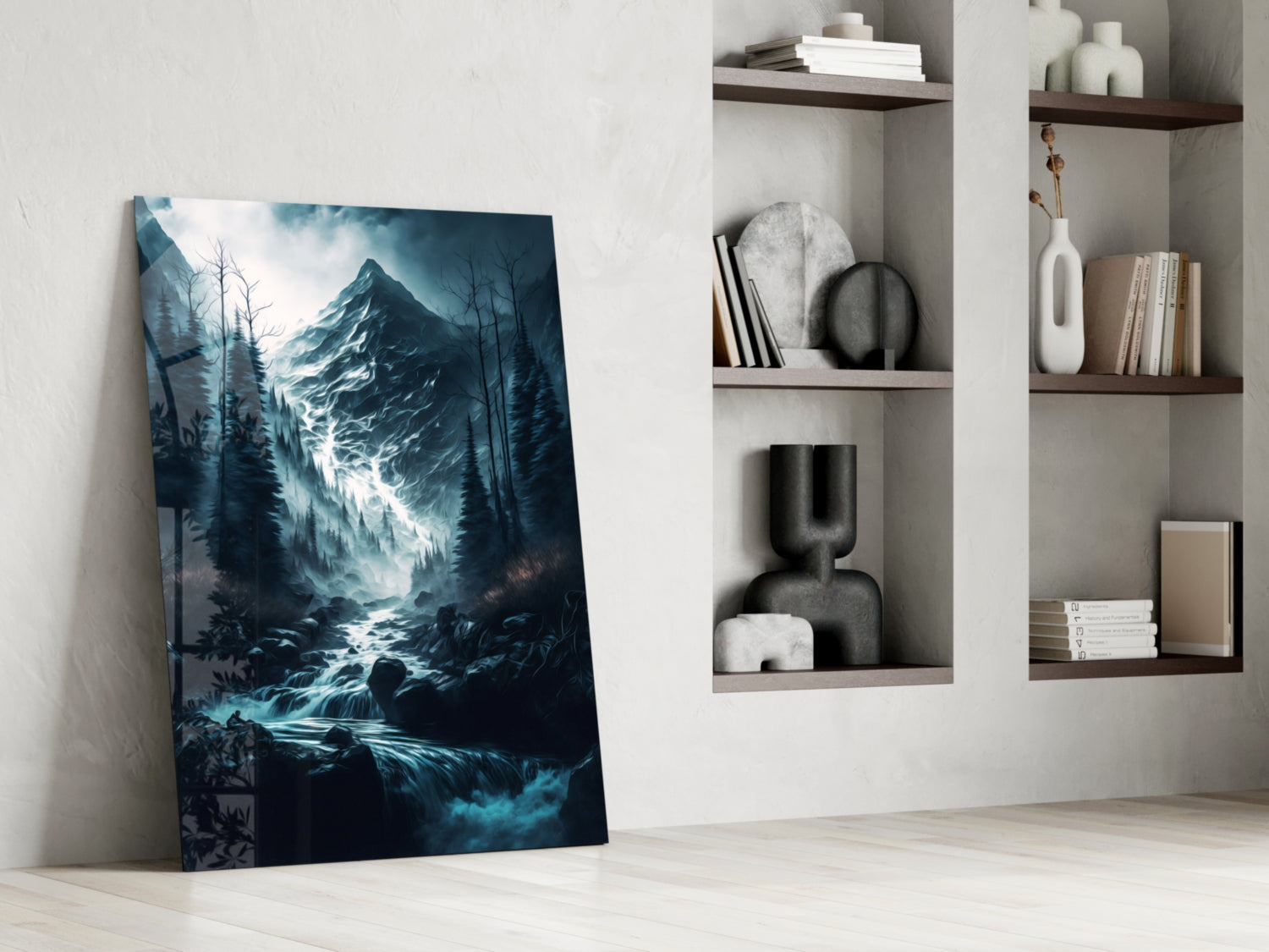 Misty Blue Peak Waterfall Forest Glass Wall Art