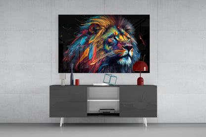 Gold Blue Windswept Roaring Lion Glass Wall Art