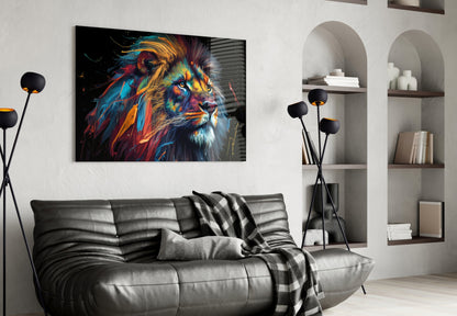 Gold Blue Windswept Roaring Lion Glass Wall Art