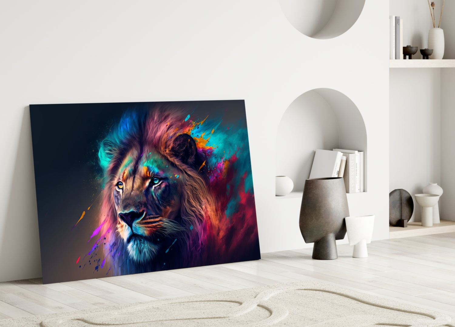Violet Teal Mist Regal Lion Face Glass Wall Art