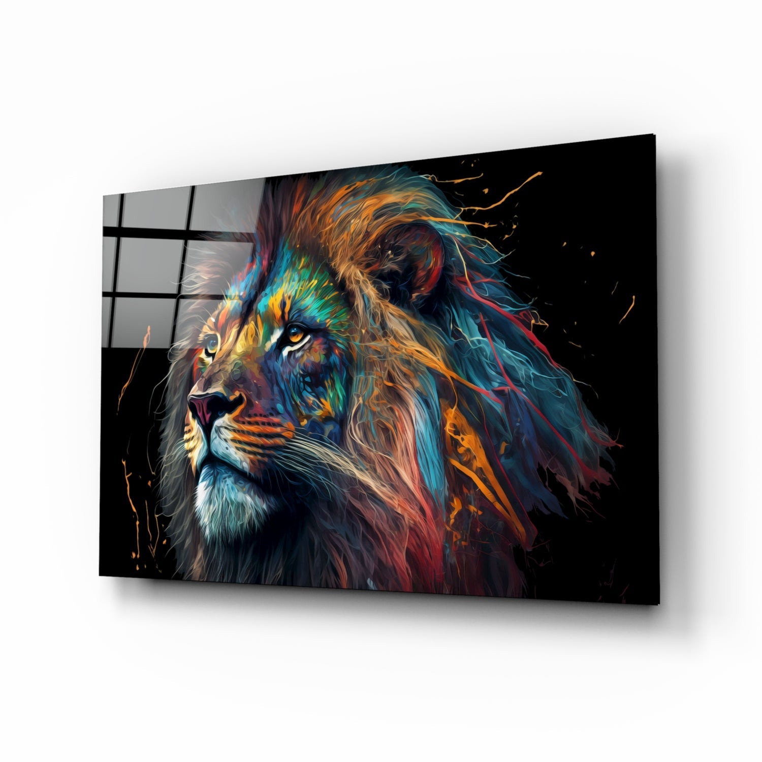 Tall Rainbow Mane Gazing Lion Glass Wall Art