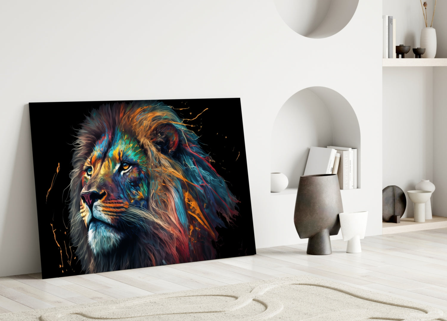 Tall Rainbow Mane Gazing Lion Glass Wall Art
