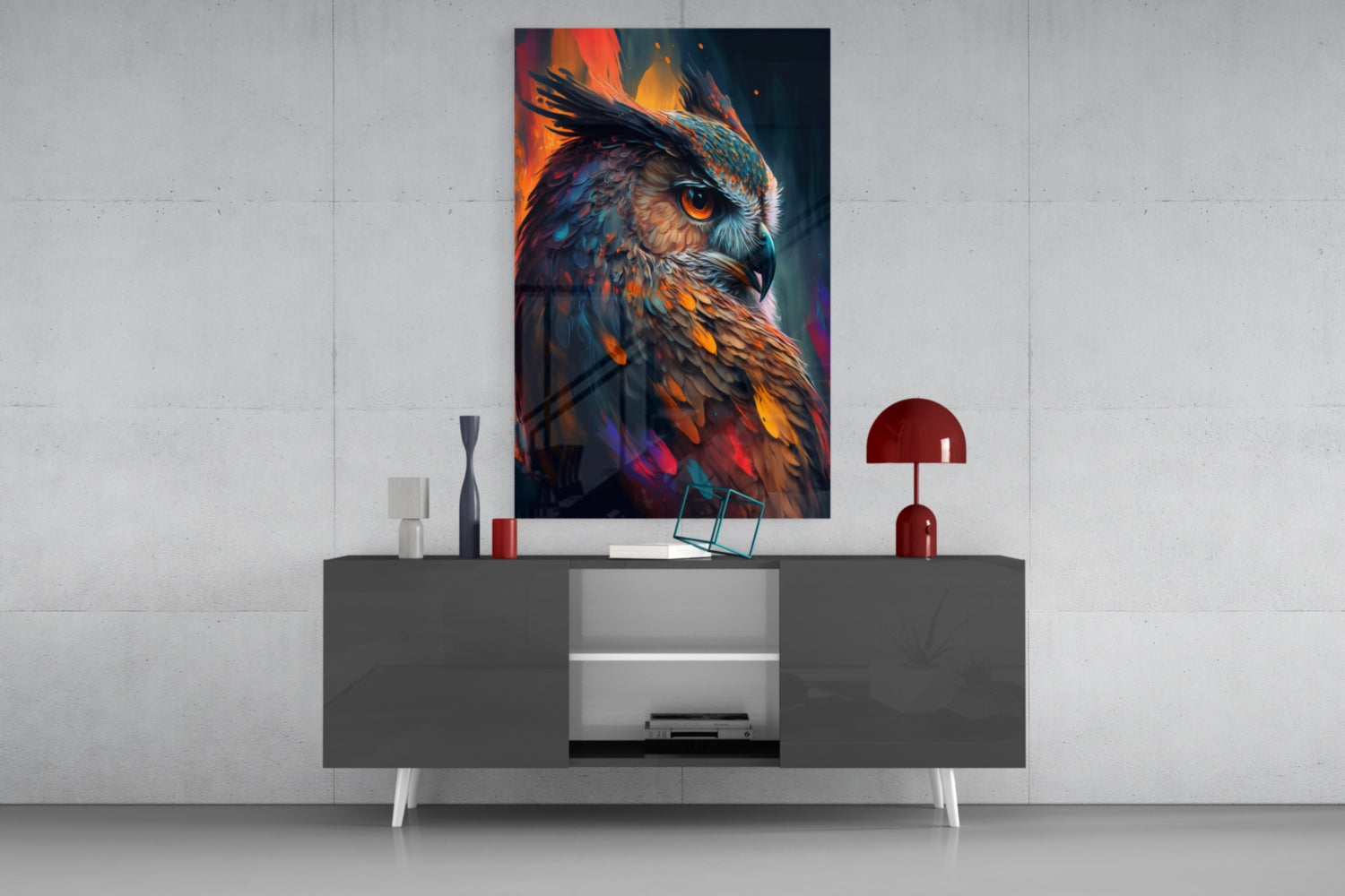 Teal and Orange Owl Side Profile Glass Wall Art
