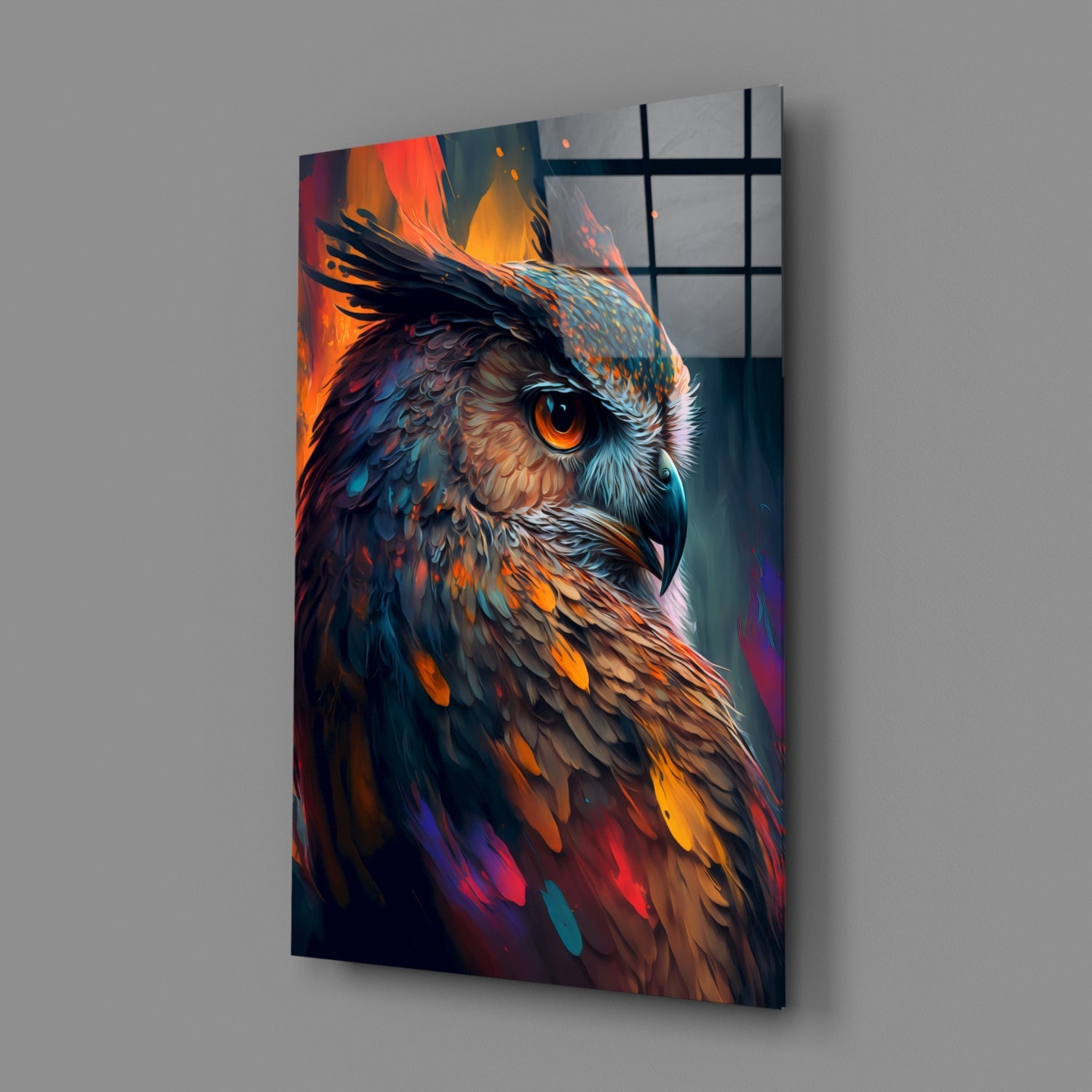Teal and Orange Owl Side Profile Glass Wall Art