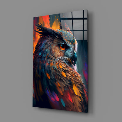 Teal and Orange Owl Side Profile Glass Wall Art