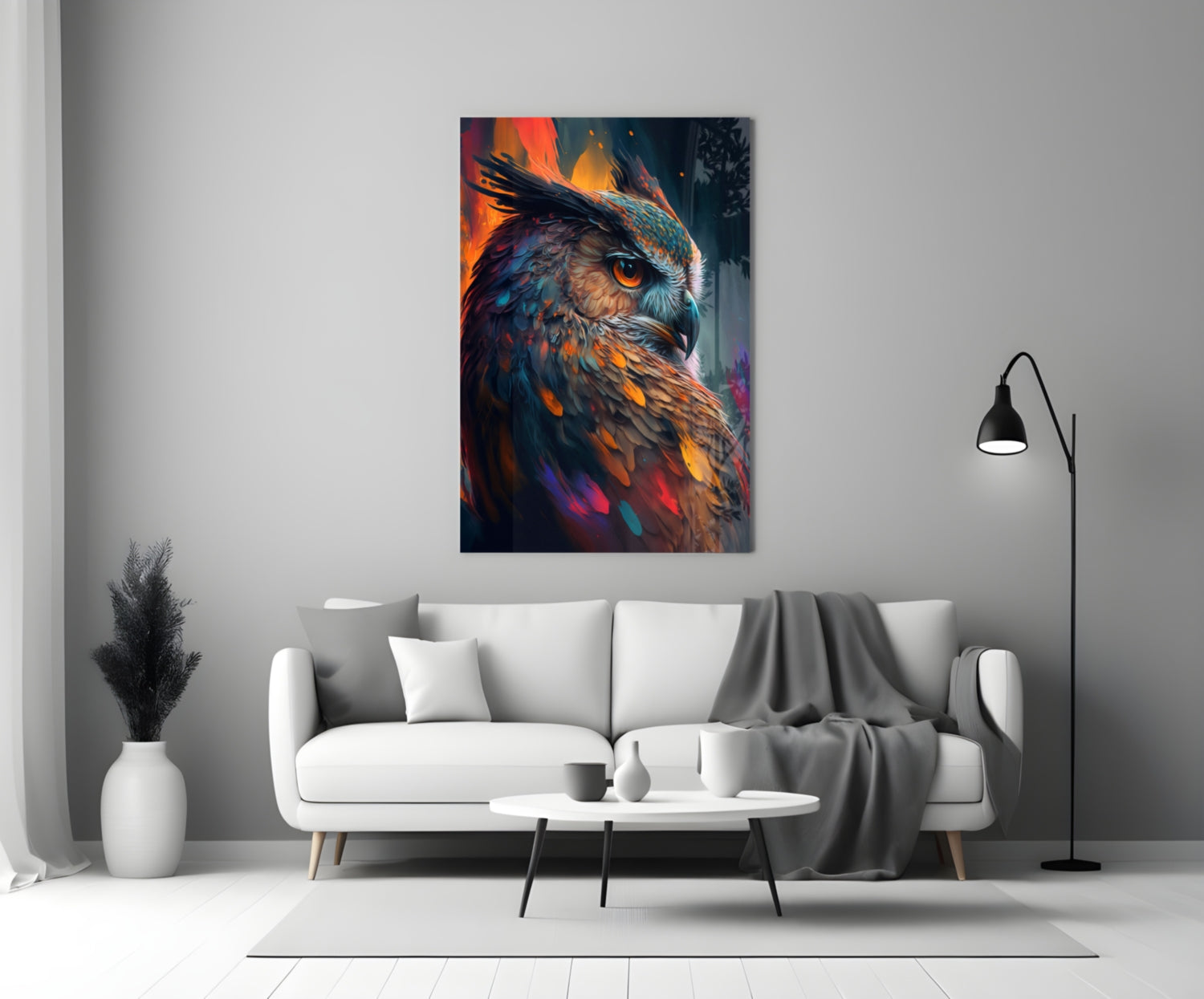 Teal and Orange Owl Side Profile Glass Wall Art