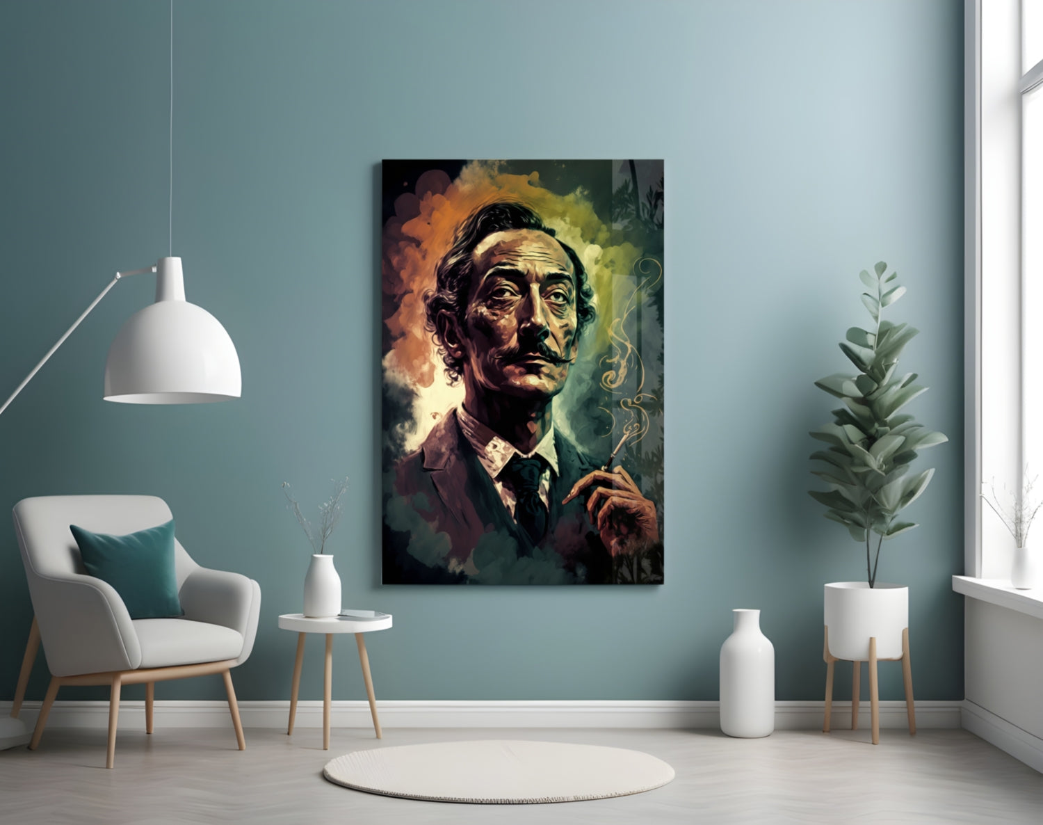 Mustached Man With Golden Smoke Swirl Glass Wall Art