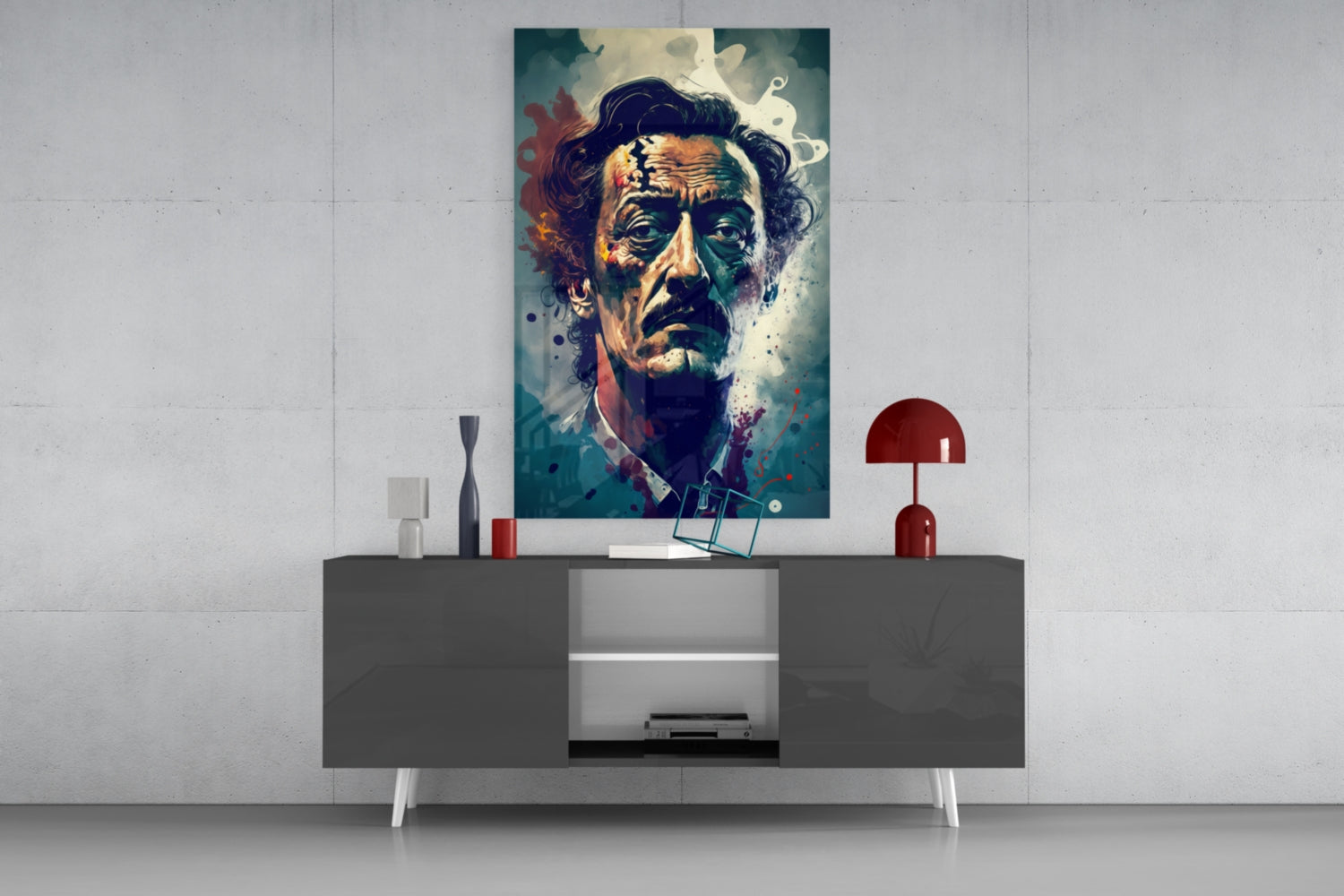 Wild Haired Surreal Man Teal Splatter Glass Wall Art