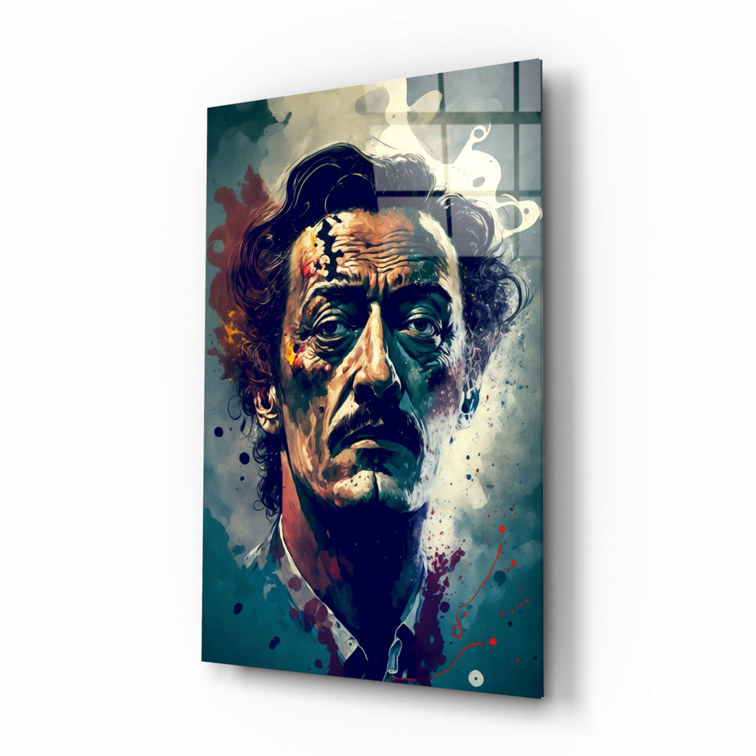 Wild Haired Surreal Man Teal Splatter Glass Wall Art