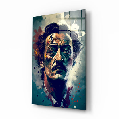 Wild Haired Surreal Man Teal Splatter Glass Wall Art