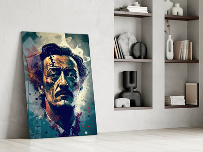 Wild Haired Surreal Man Teal Splatter Glass Wall Art