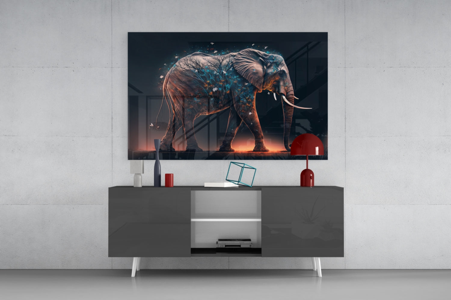 Blue Blossom Branch Walking Elephant Glass Wall Art