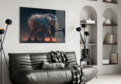 Blue Blossom Branch Walking Elephant Glass Wall Art