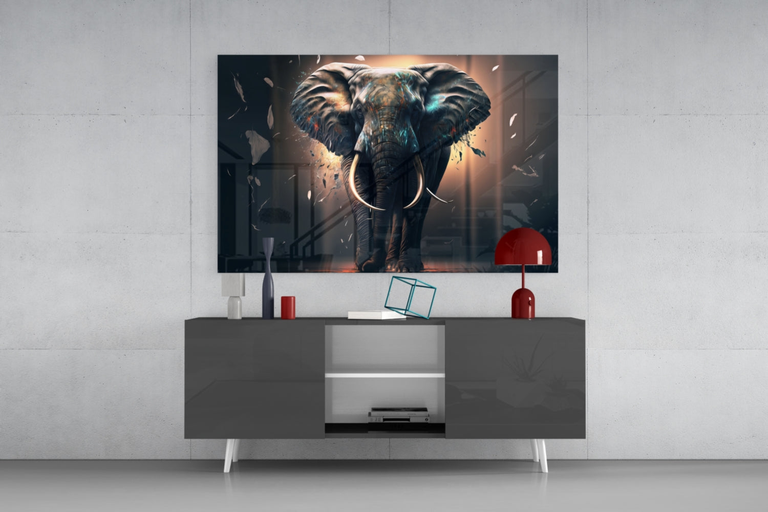 Front Facing Tusker Elephant In Mist Glass Wall Art