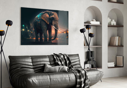 Glowing Ember City Night Elephant Glass Wall Art