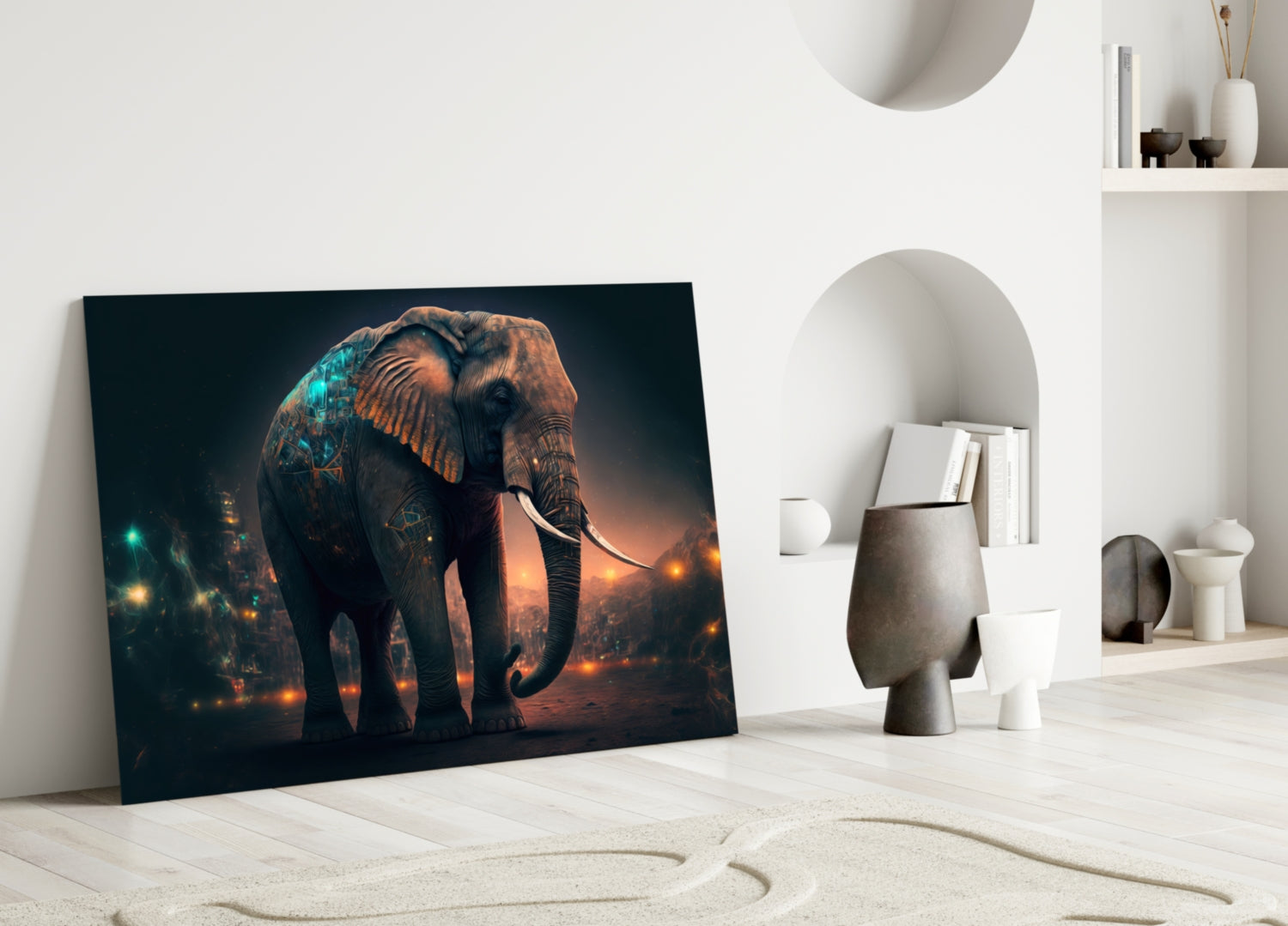 Glowing Ember City Night Elephant Glass Wall Art