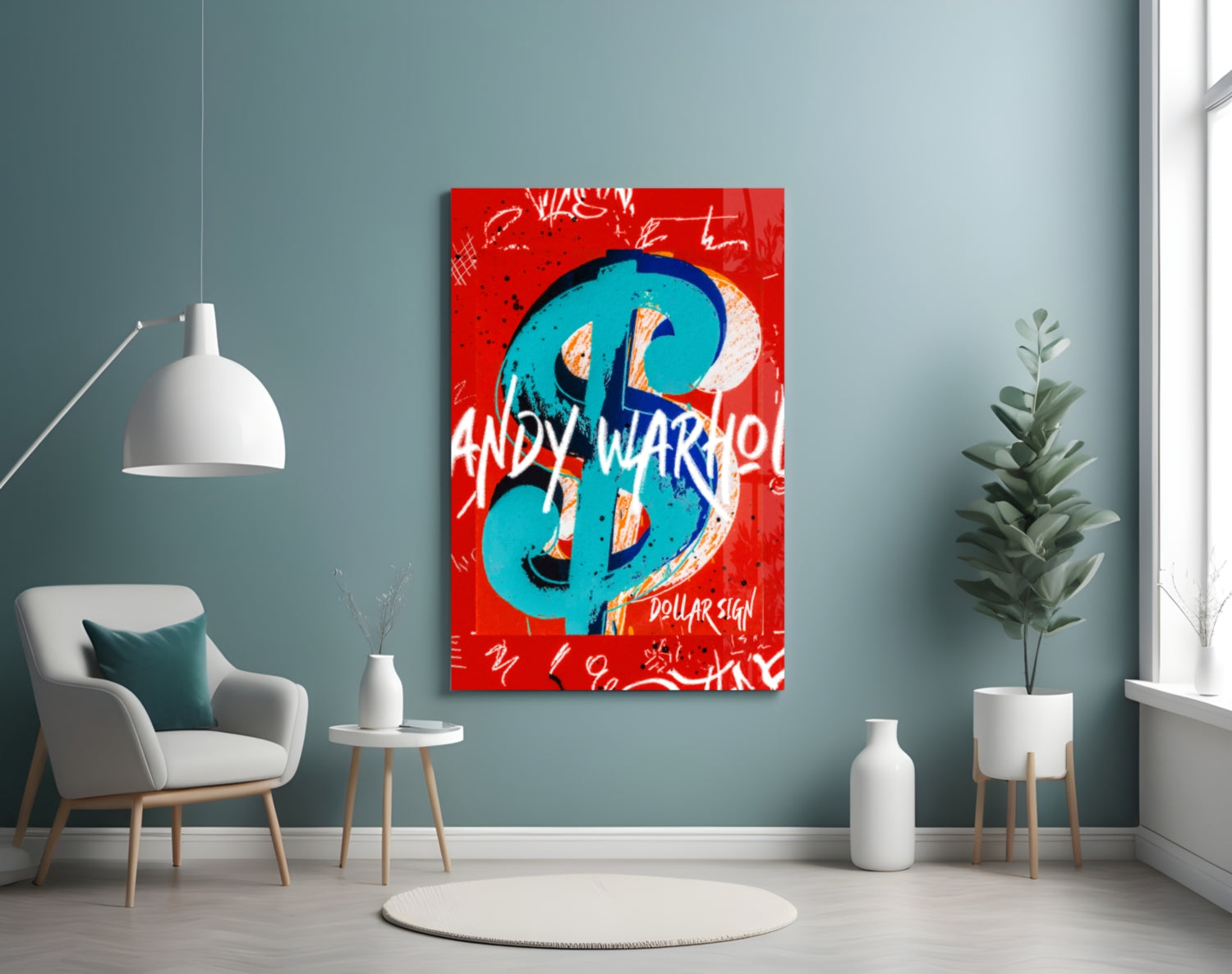 Turquoise Dollar Sign on Red Glass Wall Art