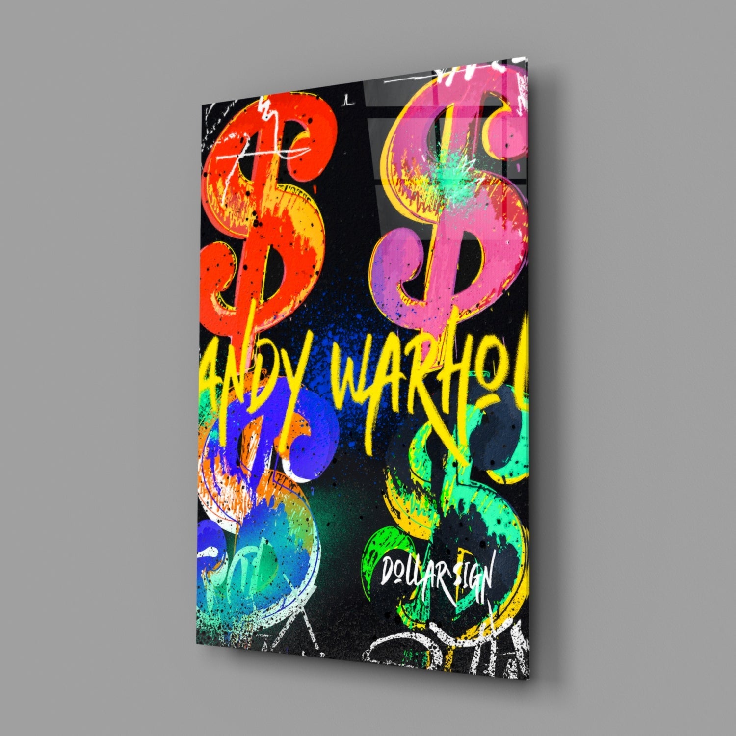 Neon Dollar Signs Grid Black Glass Wall Art