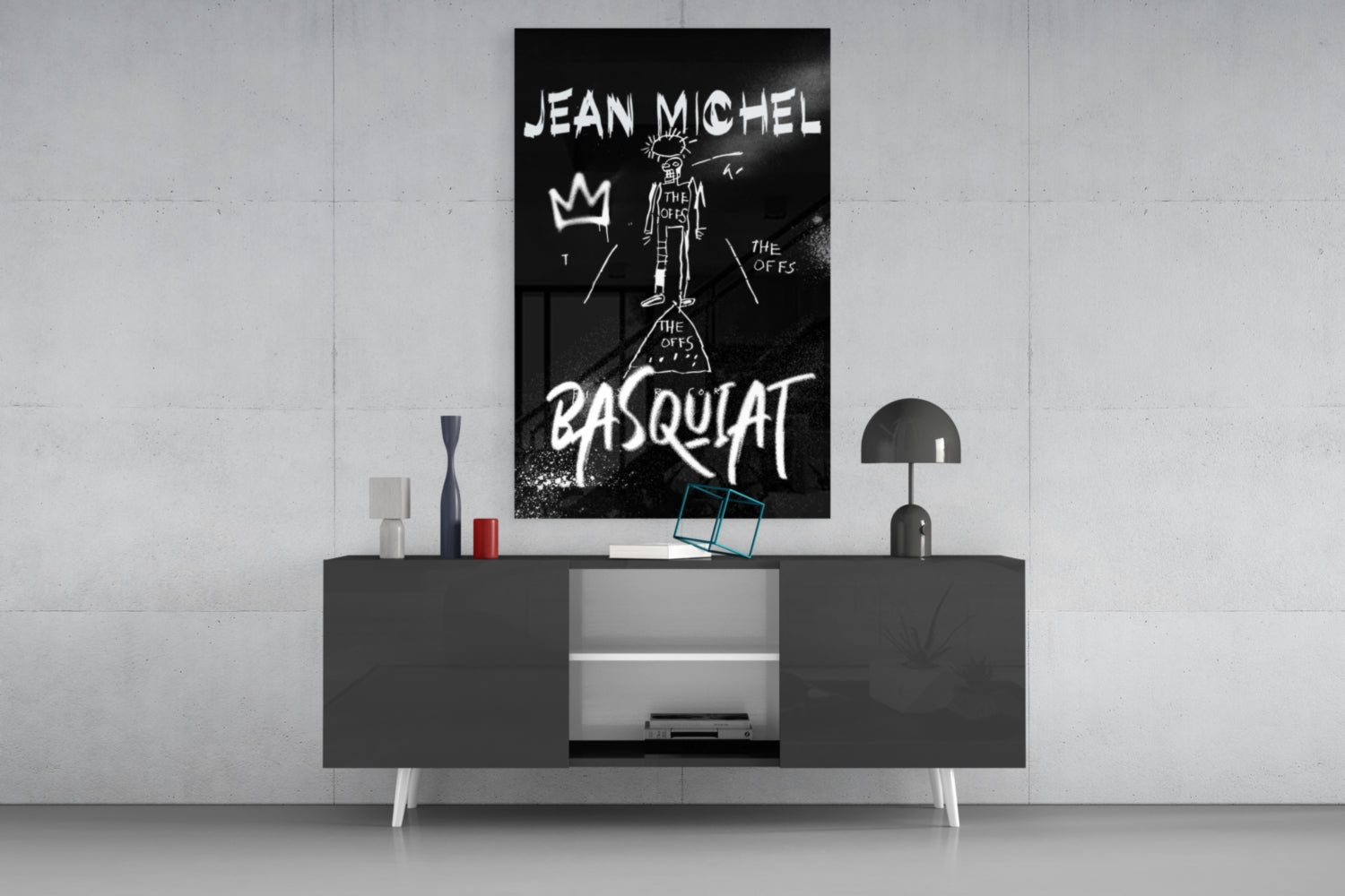 Black White Stick Figure Crown Glass Wall Art