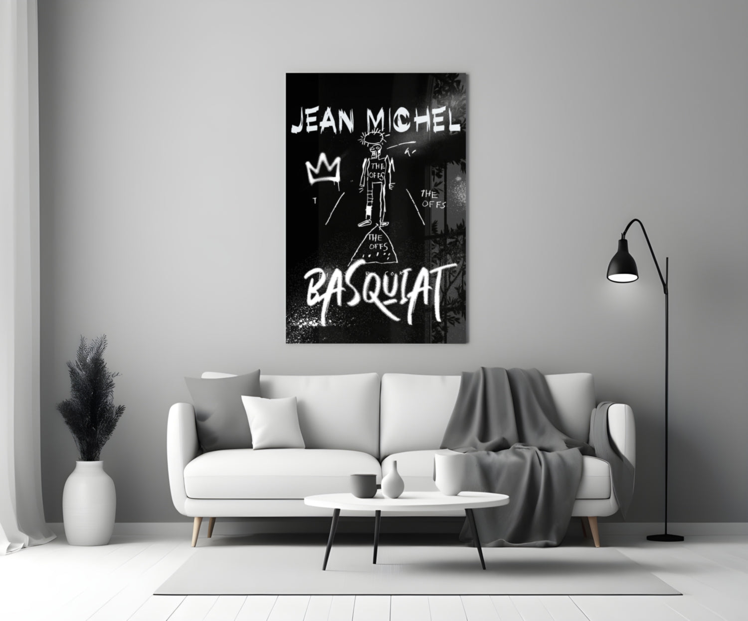Black White Stick Figure Crown Glass Wall Art