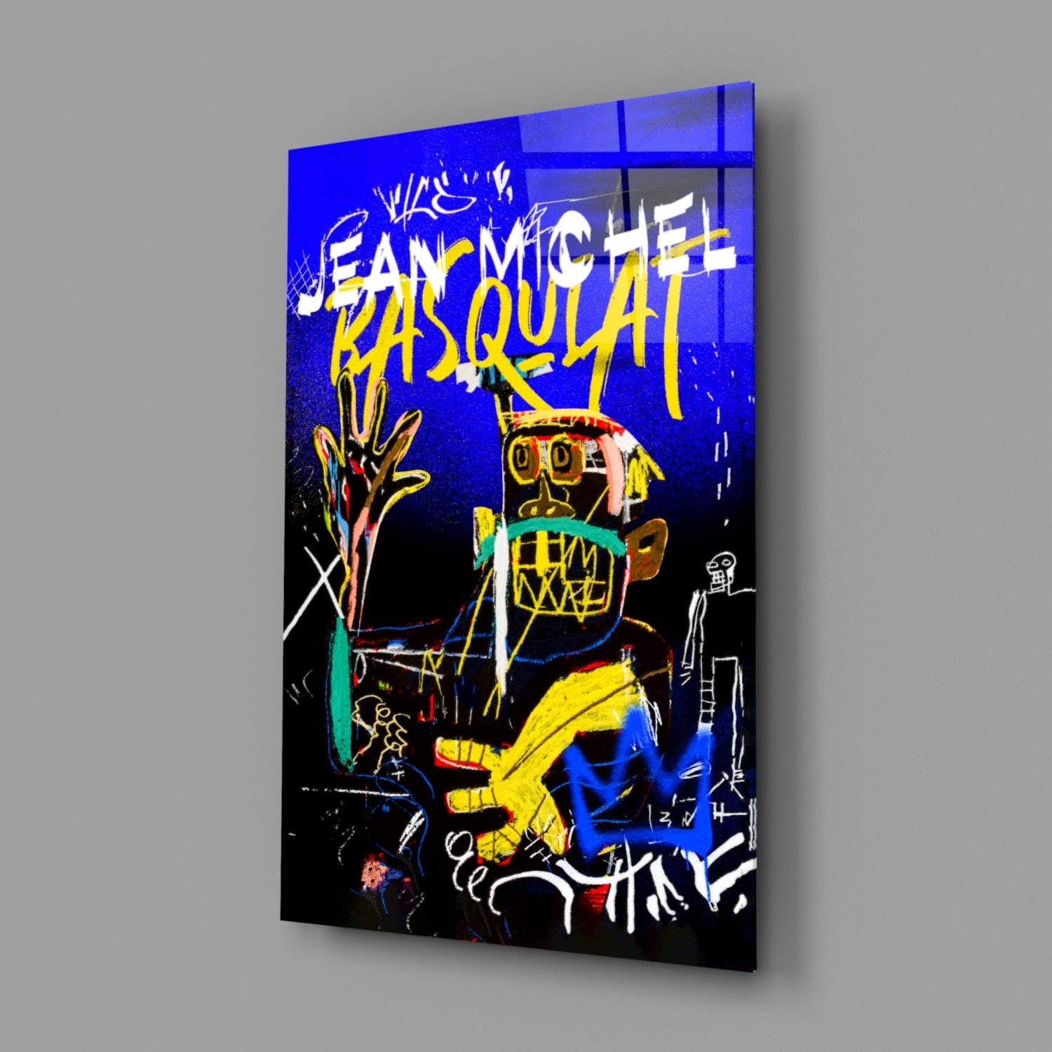 Blue Yellow Masked Figure Glass Wall Art