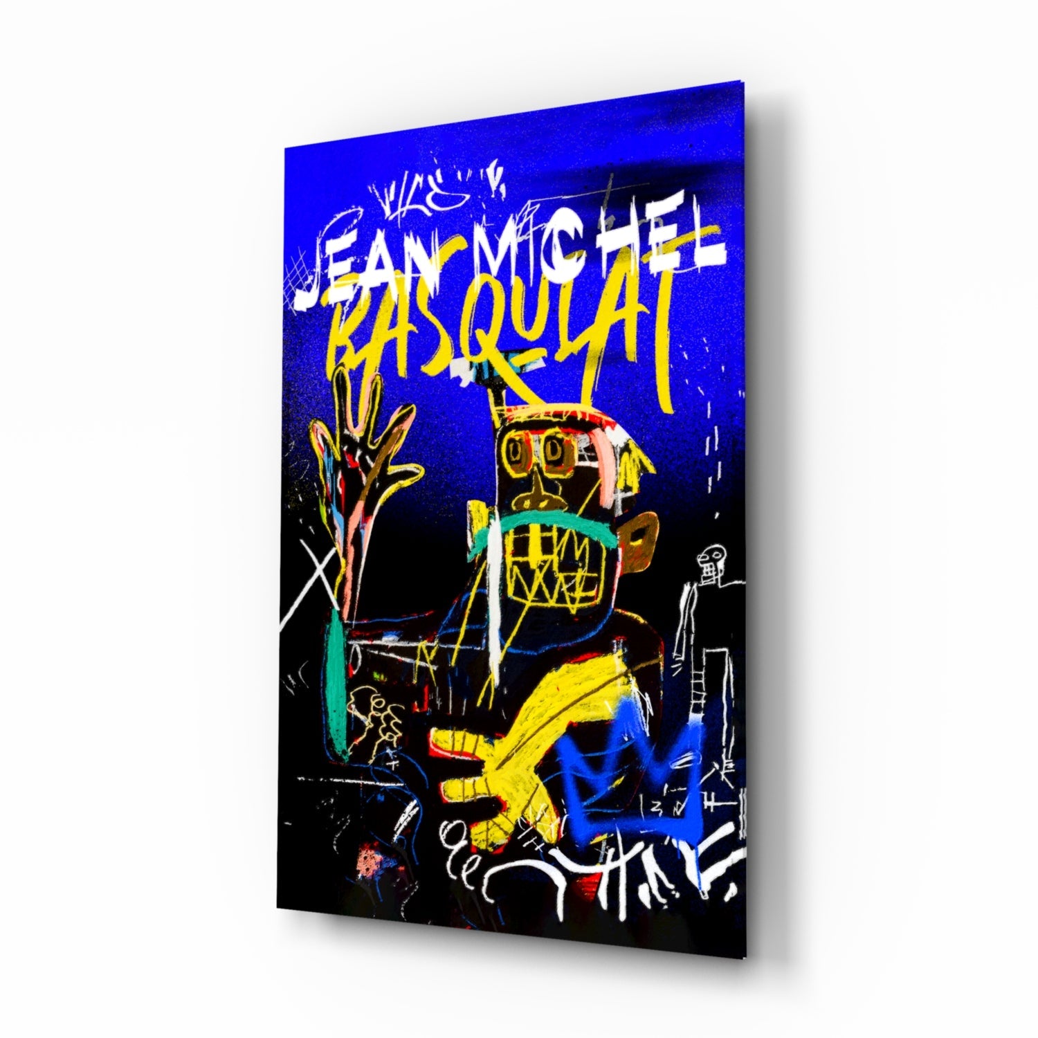 Blue Yellow Masked Figure Glass Wall Art