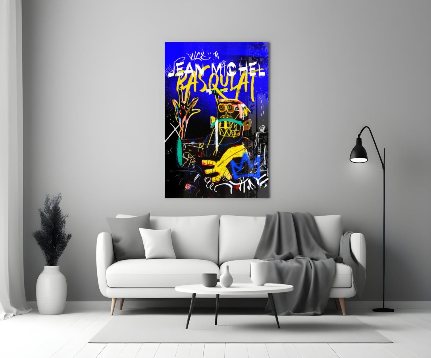 Blue Yellow Masked Figure Glass Wall Art
