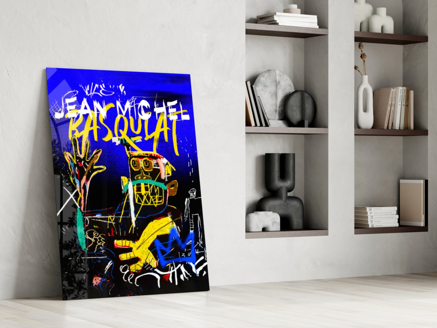 Blue Yellow Masked Figure Glass Wall Art
