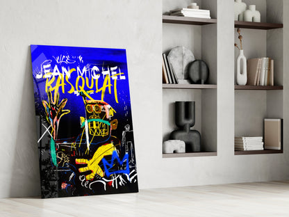 Blue Yellow Masked Figure Glass Wall Art